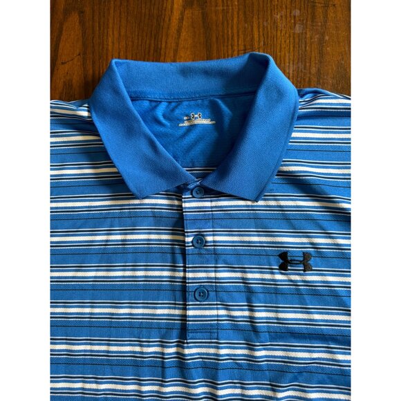 Under Armour Blue & White Striped Activewear Polo Shirt Men's XXL Golf Casual - Picture 3 of 7